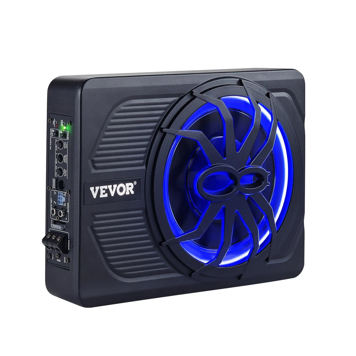 VEVOR 25 cm 440 W zem sēdekļa automašīnas subwooferis ar iebūvētu pastiprinātāju un zilu ambient apgaismojumu, zema profila aktīvais auto subwooferis ar tālvadības pulti, piemērots SUV, automašīnām, kravas auto un RV - ZEMLETES.LV