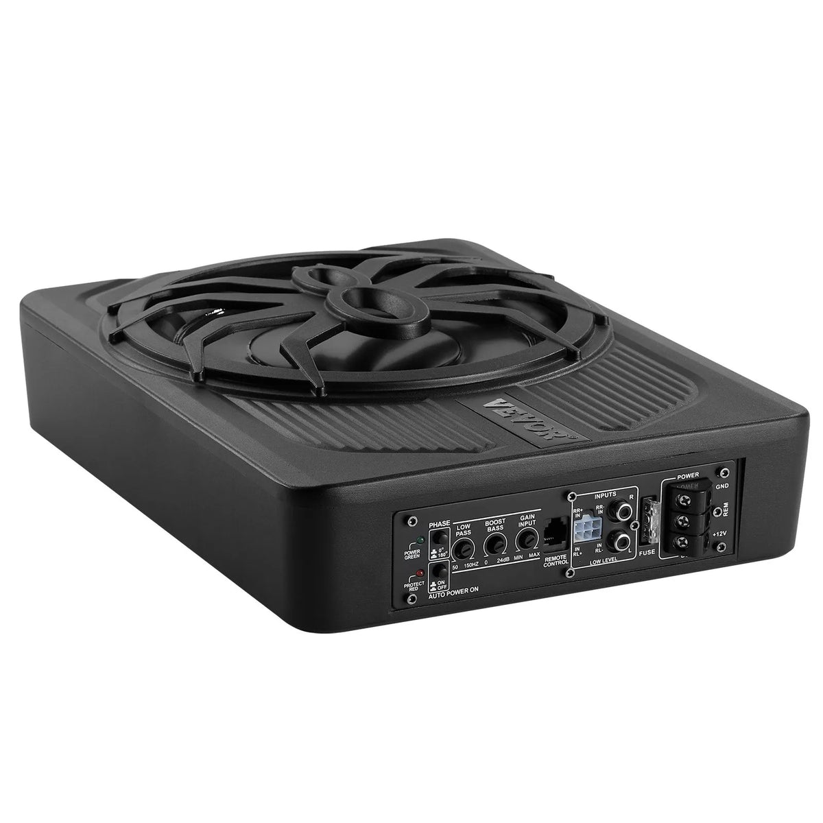 VEVOR 25 cm 440 W zem sēdekļa automašīnas subwooferis ar iebūvētu pastiprinātāju un zilu ambient apgaismojumu, zema profila aktīvais auto subwooferis ar tālvadības pulti, piemērots SUV, automašīnām, kravas auto un RV - ZEMLETES.LV
