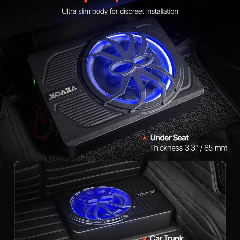 VEVOR 25 cm 440 W zem sēdekļa automašīnas subwooferis ar iebūvētu pastiprinātāju un zilu ambient apgaismojumu, zema profila aktīvais auto subwooferis ar tālvadības pulti, piemērots SUV, automašīnām, kravas auto un RV - ZEMLETES.LV