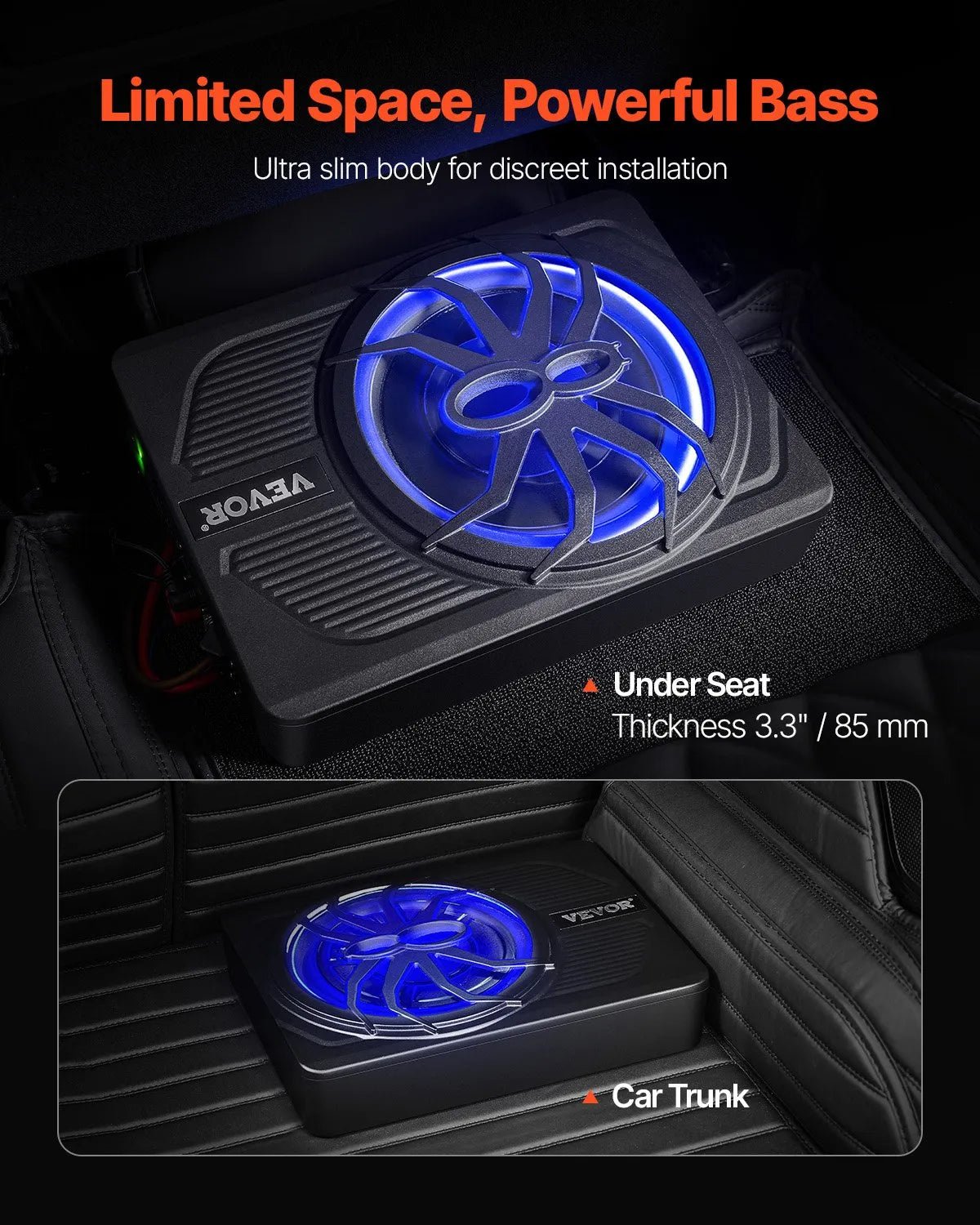 VEVOR 25 cm 440 W zem sēdekļa automašīnas subwooferis ar iebūvētu pastiprinātāju un zilu ambient apgaismojumu, zema profila aktīvais auto subwooferis ar tālvadības pulti, piemērots SUV, automašīnām, kravas auto un RV - ZEMLETES.LV