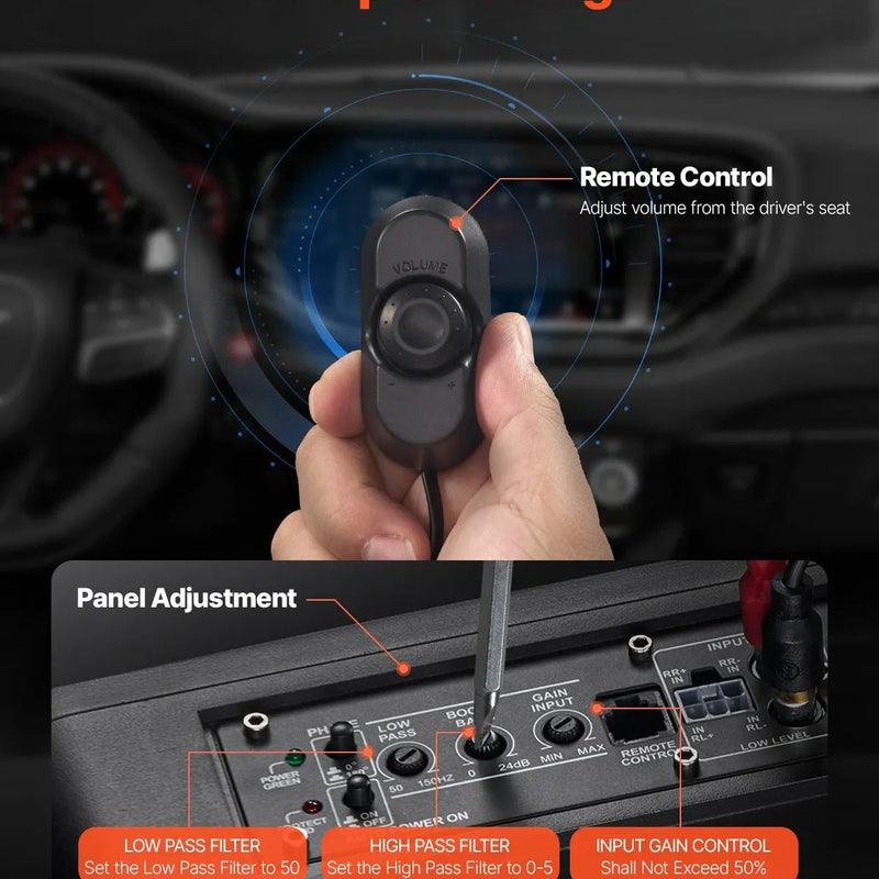 VEVOR 25 cm 440 W zem sēdekļa automašīnas subwooferis ar iebūvētu pastiprinātāju un zilu ambient apgaismojumu, zema profila aktīvais auto subwooferis ar tālvadības pulti, piemērots SUV, automašīnām, kravas auto un RV - ZEMLETES.LV