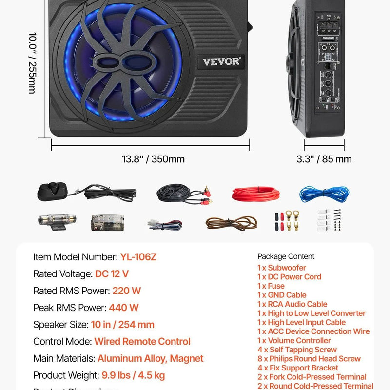 VEVOR 25 cm 440 W zem sēdekļa automašīnas subwooferis ar iebūvētu pastiprinātāju un zilu ambient apgaismojumu, zema profila aktīvais auto subwooferis ar tālvadības pulti, piemērots SUV, automašīnām, kravas auto un RV - ZEMLETES.LV