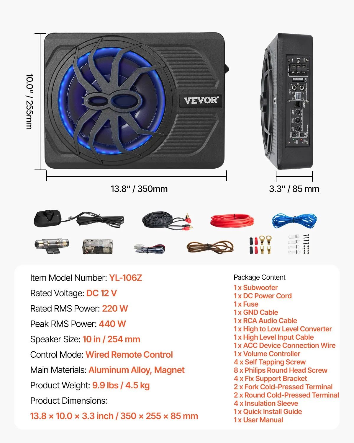 VEVOR 25 cm 440 W zem sēdekļa automašīnas subwooferis ar iebūvētu pastiprinātāju un zilu ambient apgaismojumu, zema profila aktīvais auto subwooferis ar tālvadības pulti, piemērots SUV, automašīnām, kravas auto un RV - ZEMLETES.LV