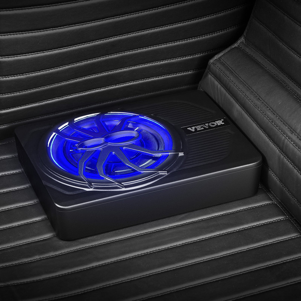 VEVOR 25 cm 440 W zem sēdekļa automašīnas subwooferis ar iebūvētu pastiprinātāju un zilu ambient apgaismojumu, zema profila aktīvais auto subwooferis ar tālvadības pulti, piemērots SUV, automašīnām, kravas auto un RV - ZEMLETES.LV