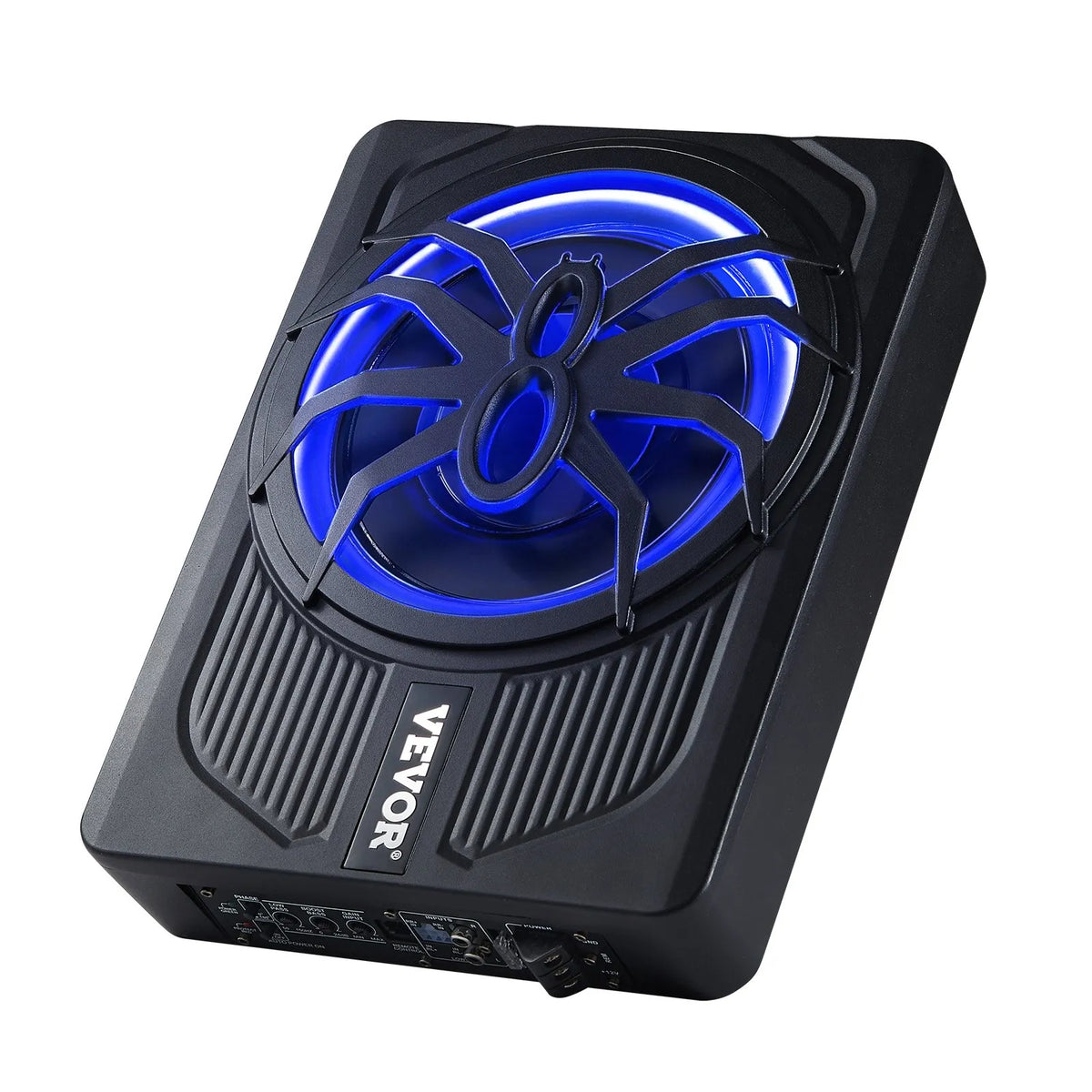 VEVOR 25 cm 440 W zem sēdekļa automašīnas subwooferis ar iebūvētu pastiprinātāju un zilu ambient apgaismojumu, zema profila aktīvais auto subwooferis ar tālvadības pulti, piemērots SUV, automašīnām, kravas auto un RV - ZEMLETES.LV