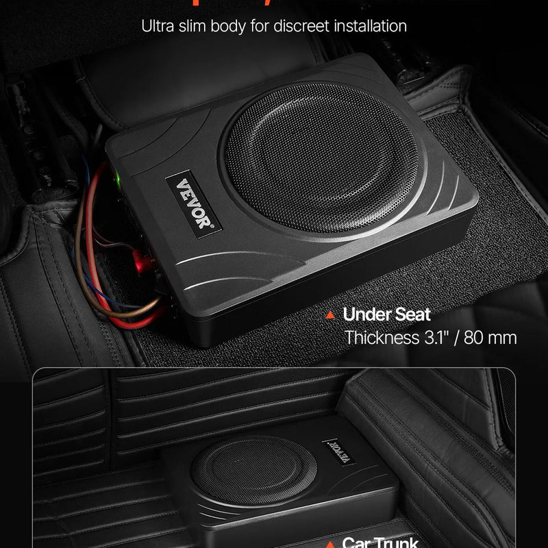 VEVOR 20 cm 300 W zem sēdekļa automašīnas subwooferis ar iebūvētu pastiprinātāju, zema profila aktīvais auto subwooferis ar High/Low Level ieejām un skaļuma regulatoru, piemērots SUV, automašīnām, kravas auto un RV - ZEMLETES.LV