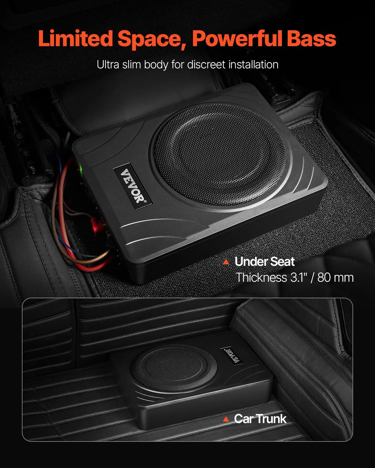 VEVOR 20 cm 300 W zem sēdekļa automašīnas subwooferis ar iebūvētu pastiprinātāju, zema profila aktīvais auto subwooferis ar High/Low Level ieejām un skaļuma regulatoru, piemērots SUV, automašīnām, kravas auto un RV - ZEMLETES.LV