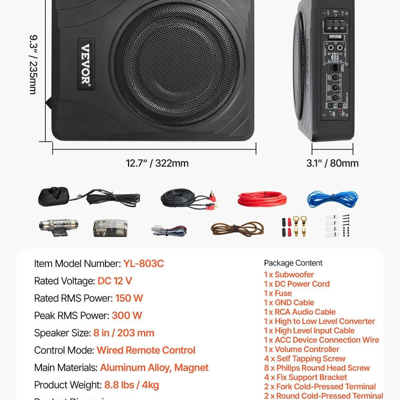 VEVOR 20 cm 300 W zem sēdekļa automašīnas subwooferis ar iebūvētu pastiprinātāju, zema profila aktīvais auto subwooferis ar High/Low Level ieejām un skaļuma regulatoru, piemērots SUV, automašīnām, kravas auto un RV - ZEMLETES.LV