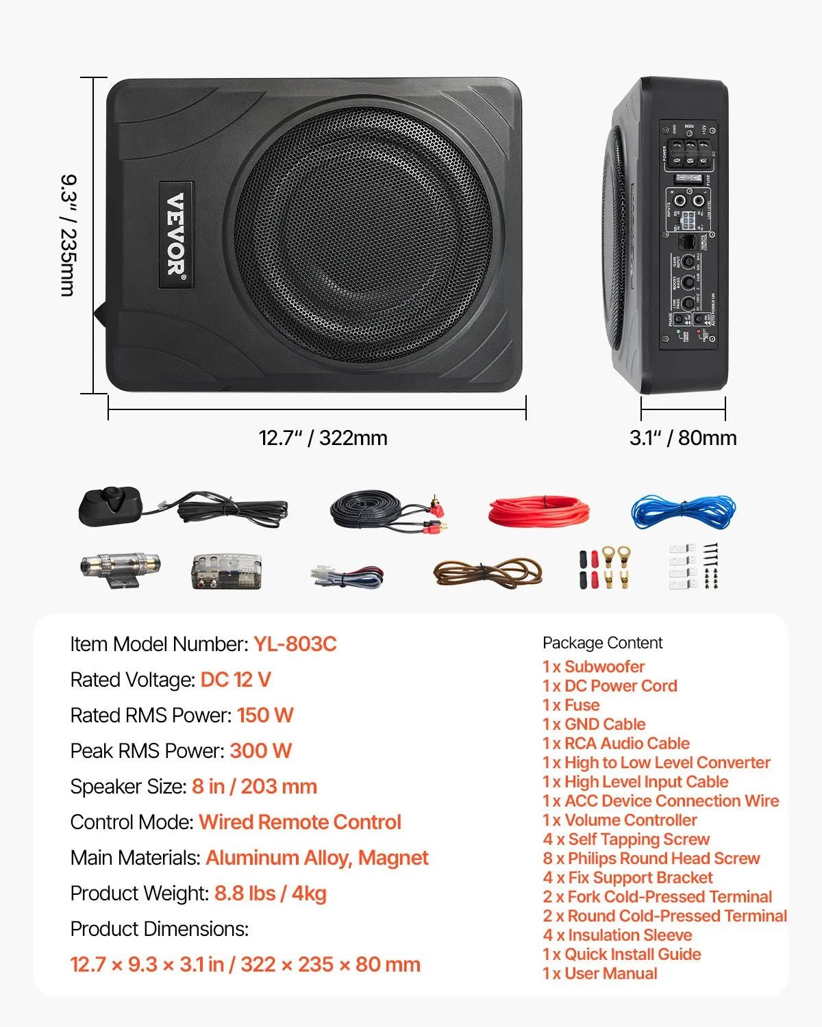 VEVOR 20 cm 300 W zem sēdekļa automašīnas subwooferis ar iebūvētu pastiprinātāju, zema profila aktīvais auto subwooferis ar High/Low Level ieejām un skaļuma regulatoru, piemērots SUV, automašīnām, kravas auto un RV - ZEMLETES.LV