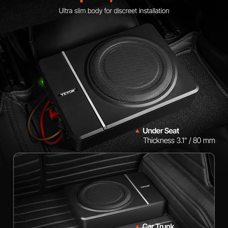 VEVOR 20 cm 240 W zem sēdekļa automašīnas subwooferis ar iebūvētu pastiprinātāju, zema profila aktīvais auto subwooferis ar High/Low Level ieejām un skaļuma regulatoru, piemērots SUV, automašīnām, kravas auto un RV - ZEMLETES.LV