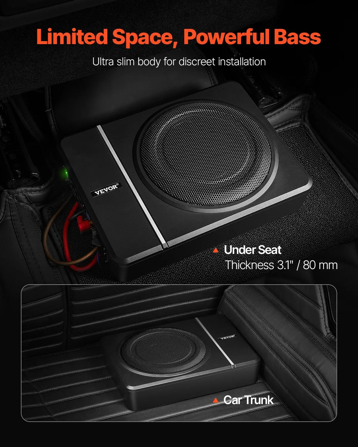VEVOR 20 cm 240 W zem sēdekļa automašīnas subwooferis ar iebūvētu pastiprinātāju, zema profila aktīvais auto subwooferis ar High/Low Level ieejām un skaļuma regulatoru, piemērots SUV, automašīnām, kravas auto un RV - ZEMLETES.LV