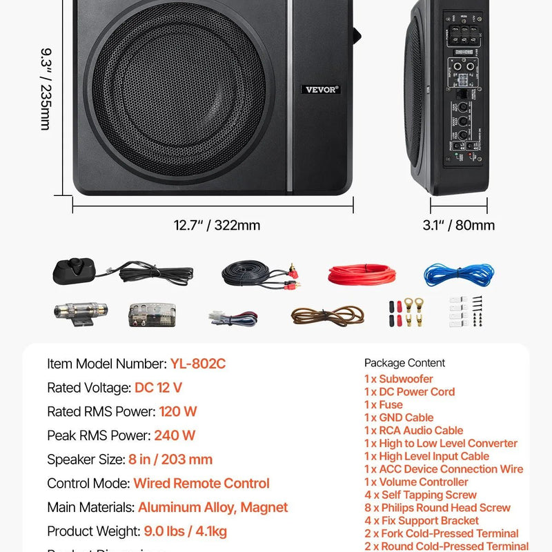 VEVOR 20 cm 240 W zem sēdekļa automašīnas subwooferis ar iebūvētu pastiprinātāju, zema profila aktīvais auto subwooferis ar High/Low Level ieejām un skaļuma regulatoru, piemērots SUV, automašīnām, kravas auto un RV - ZEMLETES.LV