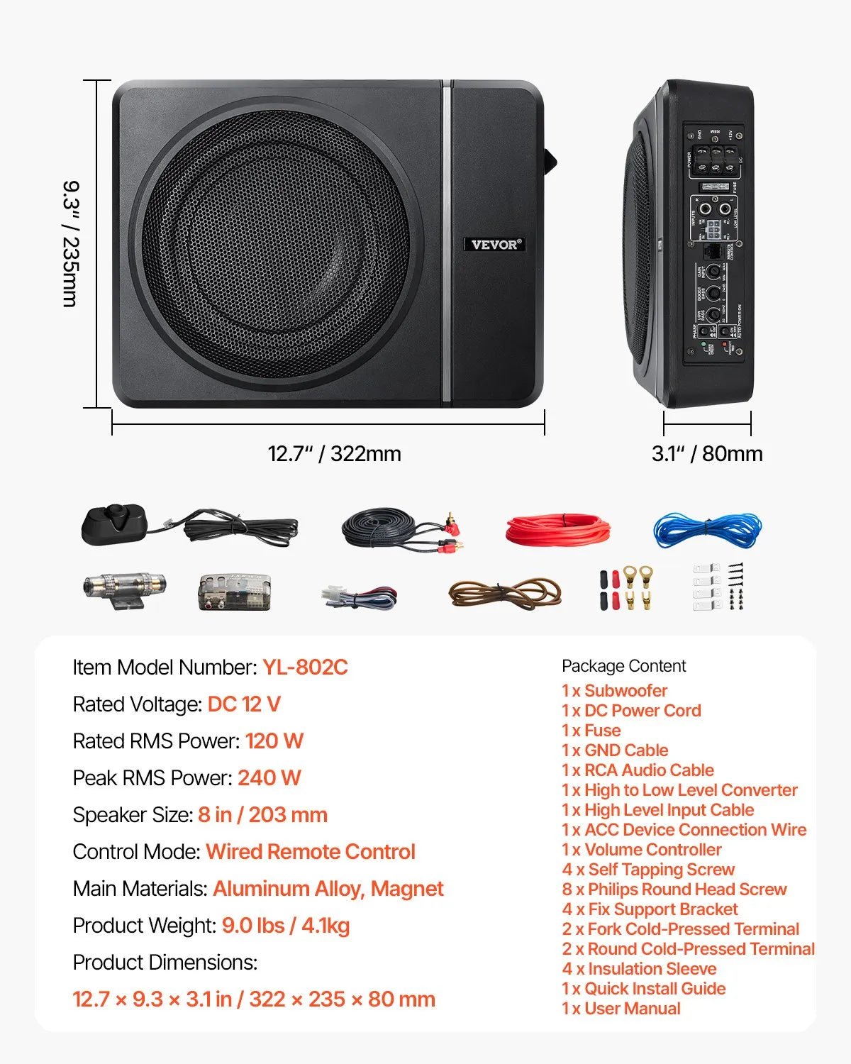 VEVOR 20 cm 240 W zem sēdekļa automašīnas subwooferis ar iebūvētu pastiprinātāju, zema profila aktīvais auto subwooferis ar High/Low Level ieejām un skaļuma regulatoru, piemērots SUV, automašīnām, kravas auto un RV - ZEMLETES.LV