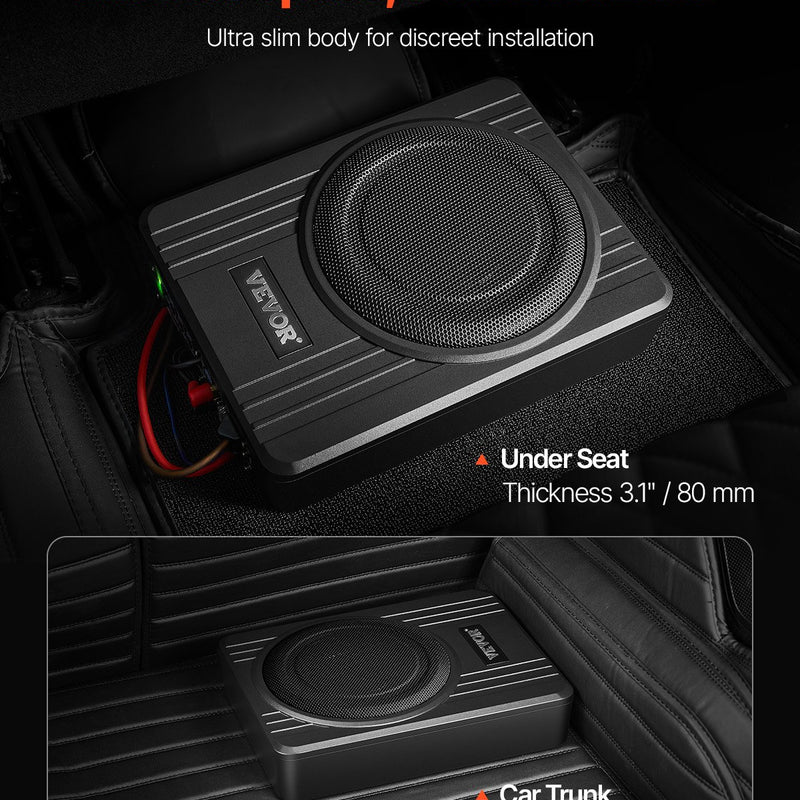 VEVOR 25 cm 300 W zem sēdekļa automašīnas subwooferis ar pastiprinātāju, zema profila aktīvais auto subwooferis ar iebūvētu pastiprinātāju, High/Low Level ieejas un skaļuma regulatoru, piemērots SUV, automašīnām, kravas auto un RV - ZEMLETES.LV
