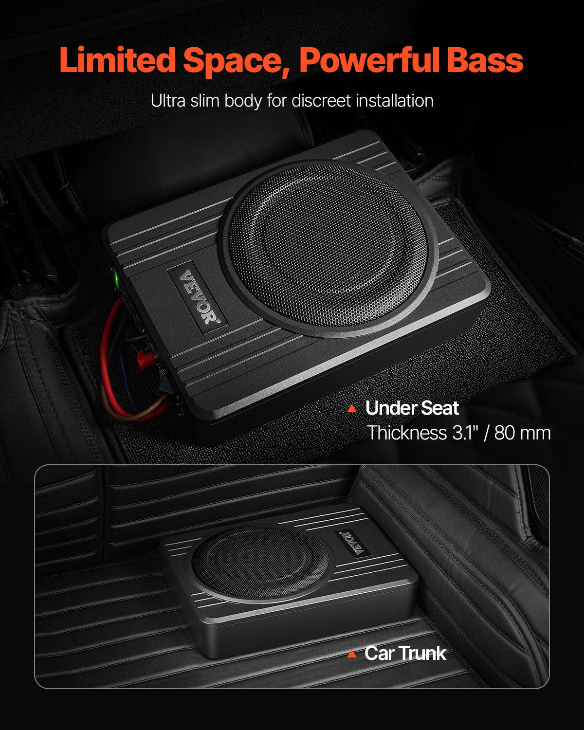 VEVOR 25 cm 300 W zem sēdekļa automašīnas subwooferis ar pastiprinātāju, zema profila aktīvais auto subwooferis ar iebūvētu pastiprinātāju, High/Low Level ieejas un skaļuma regulatoru, piemērots SUV, automašīnām, kravas auto un RV - ZEMLETES.LV