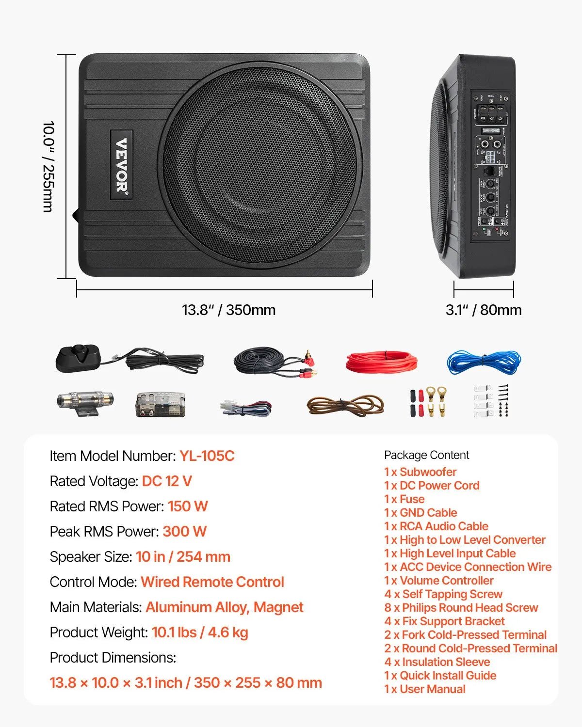 VEVOR 25 cm 300 W zem sēdekļa automašīnas subwooferis ar pastiprinātāju, zema profila aktīvais auto subwooferis ar iebūvētu pastiprinātāju, High/Low Level ieejas un skaļuma regulatoru, piemērots SUV, automašīnām, kravas auto un RV - ZEMLETES.LV