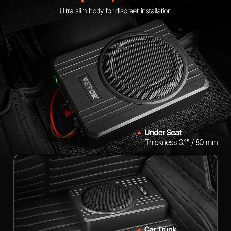 VEVOR 20 cm 400 W zem sēdekļa automašīnas subwooferis ar pastiprinātāju, zema profila aktīvais auto subwooferis ar iebūvētu pastiprinātāju, High/Low Level ieejas un skaļuma regulatoru, piemērots SUV, automašīnām, kravas auto un RV - ZEMLETES.LV
