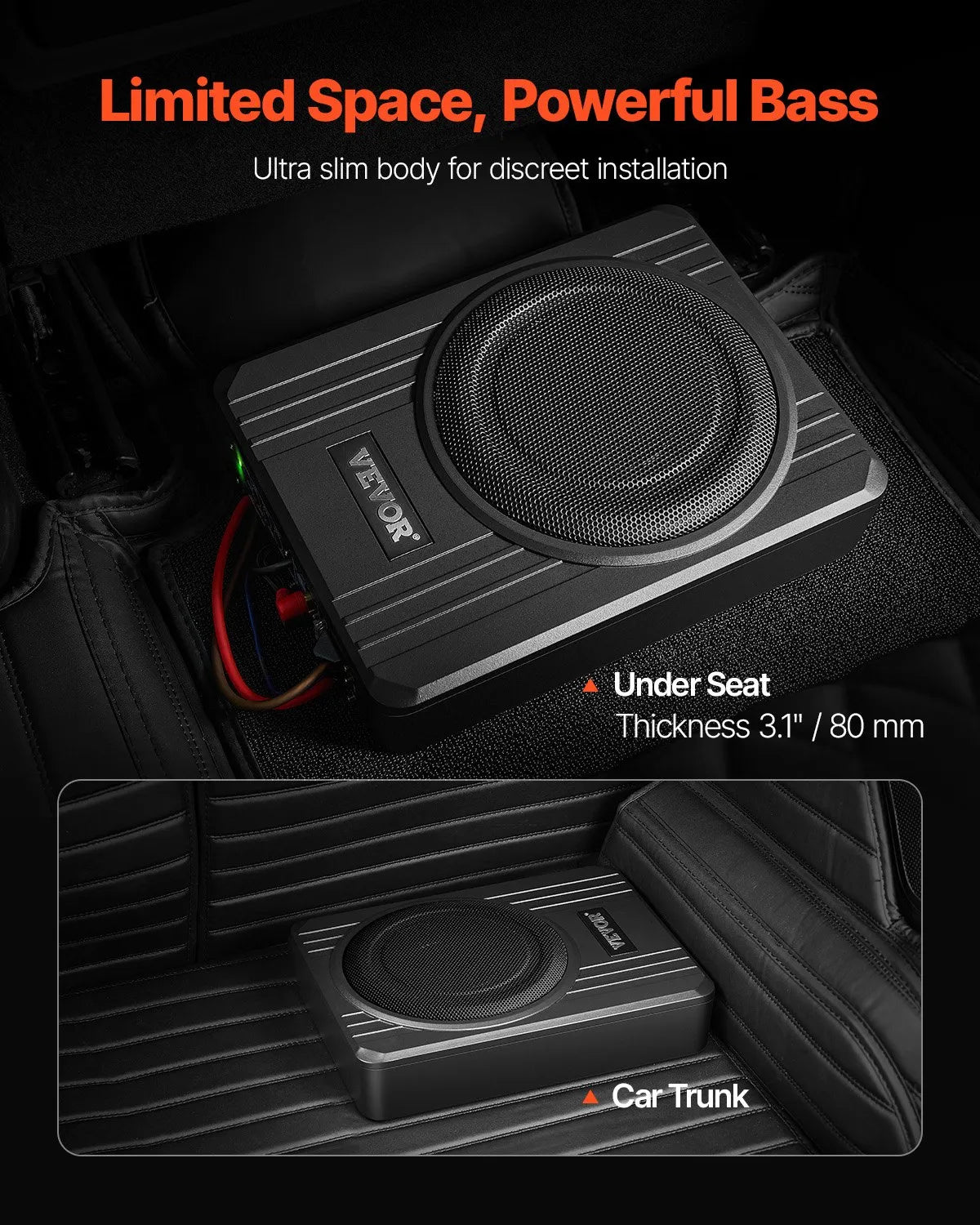 VEVOR 20 cm 400 W zem sēdekļa automašīnas subwooferis ar pastiprinātāju, zema profila aktīvais auto subwooferis ar iebūvētu pastiprinātāju, High/Low Level ieejas un skaļuma regulatoru, piemērots SUV, automašīnām, kravas auto un RV - ZEMLETES.LV