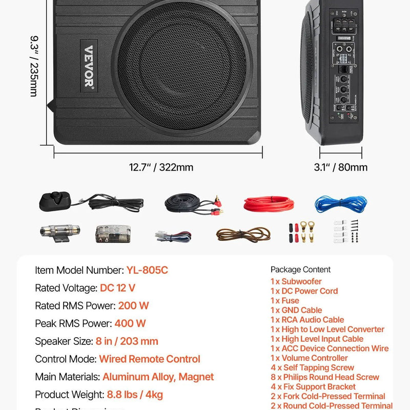 VEVOR 20 cm 400 W zem sēdekļa automašīnas subwooferis ar pastiprinātāju, zema profila aktīvais auto subwooferis ar iebūvētu pastiprinātāju, High/Low Level ieejas un skaļuma regulatoru, piemērots SUV, automašīnām, kravas auto un RV - ZEMLETES.LV