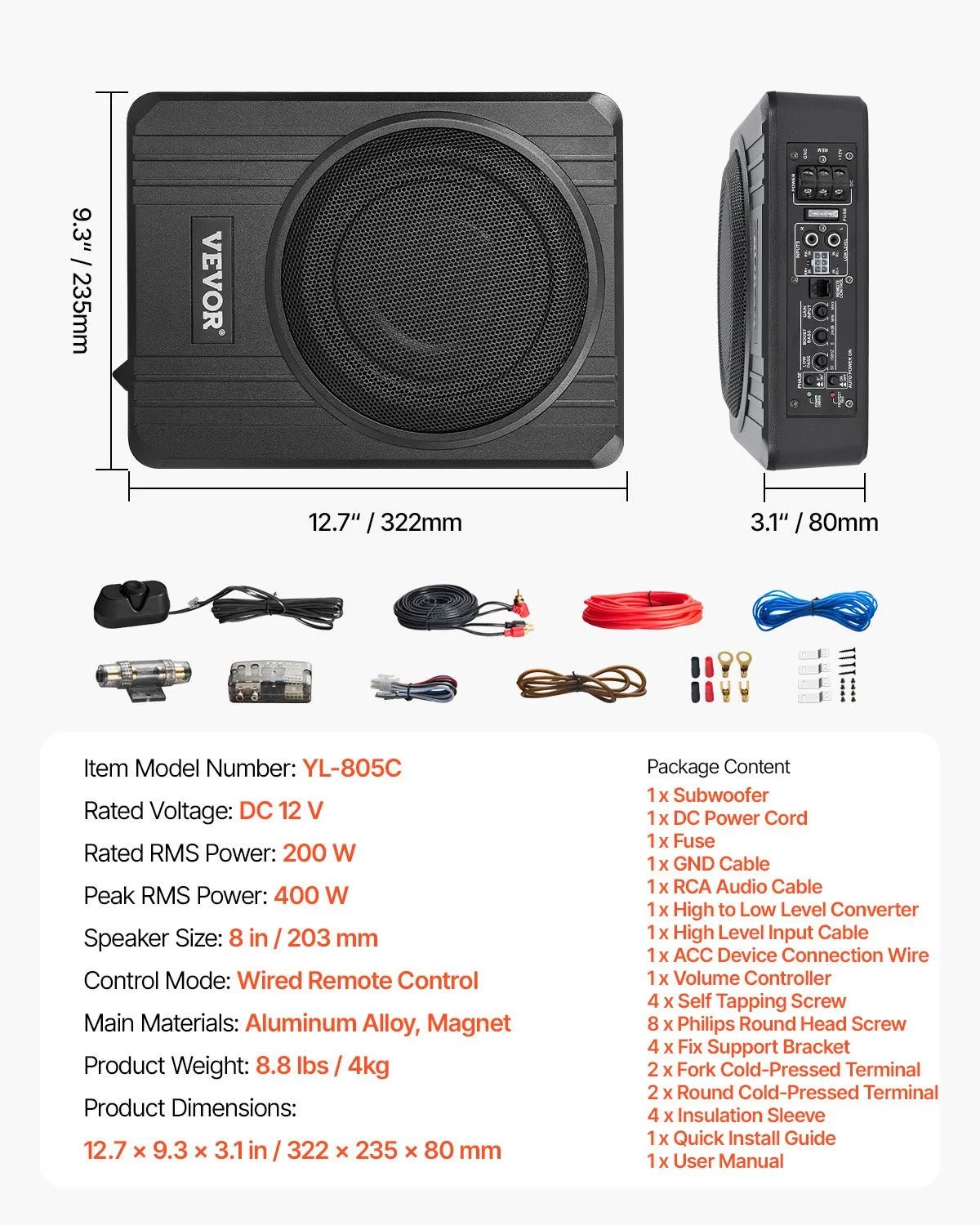 VEVOR 20 cm 400 W zem sēdekļa automašīnas subwooferis ar pastiprinātāju, zema profila aktīvais auto subwooferis ar iebūvētu pastiprinātāju, High/Low Level ieejas un skaļuma regulatoru, piemērots SUV, automašīnām, kravas auto un RV - ZEMLETES.LV