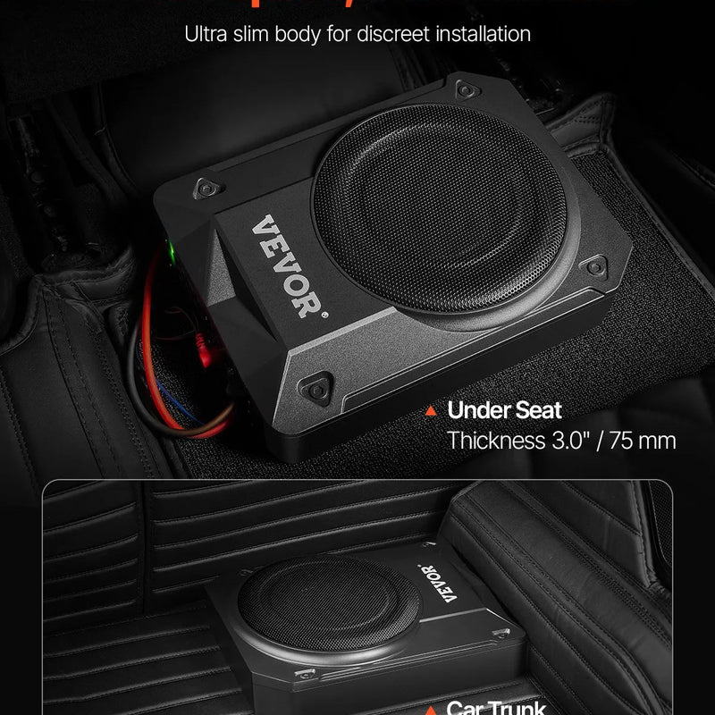 VEVOR 200 mm 800 W zem sēdekļa auto subwooferis ar iebūvētu pastiprinātāju, zema profila aktīvais zemfrekvenču skaļrunis ar augstā un zemā līmeņa ieejām un skaļuma regulatoru, piemērots SUV, automašīnām, kravas auto un kemperiem - ZEMLETES.LV