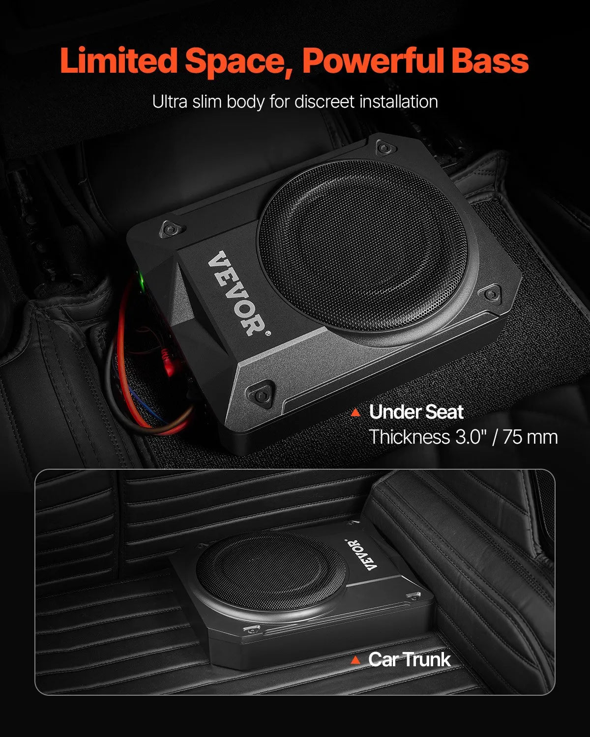 VEVOR 200 mm 800 W zem sēdekļa auto subwooferis ar iebūvētu pastiprinātāju, zema profila aktīvais zemfrekvenču skaļrunis ar augstā un zemā līmeņa ieejām un skaļuma regulatoru, piemērots SUV, automašīnām, kravas auto un kemperiem - ZEMLETES.LV