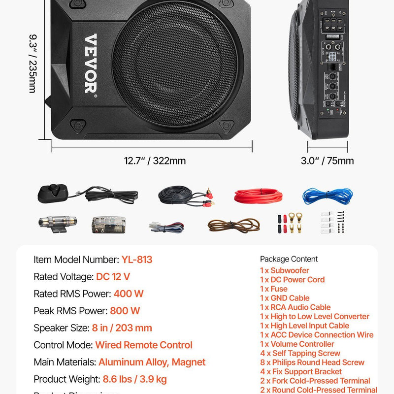 VEVOR 200 mm 800 W zem sēdekļa auto subwooferis ar iebūvētu pastiprinātāju, zema profila aktīvais zemfrekvenču skaļrunis ar augstā un zemā līmeņa ieejām un skaļuma regulatoru, piemērots SUV, automašīnām, kravas auto un kemperiem - ZEMLETES.LV