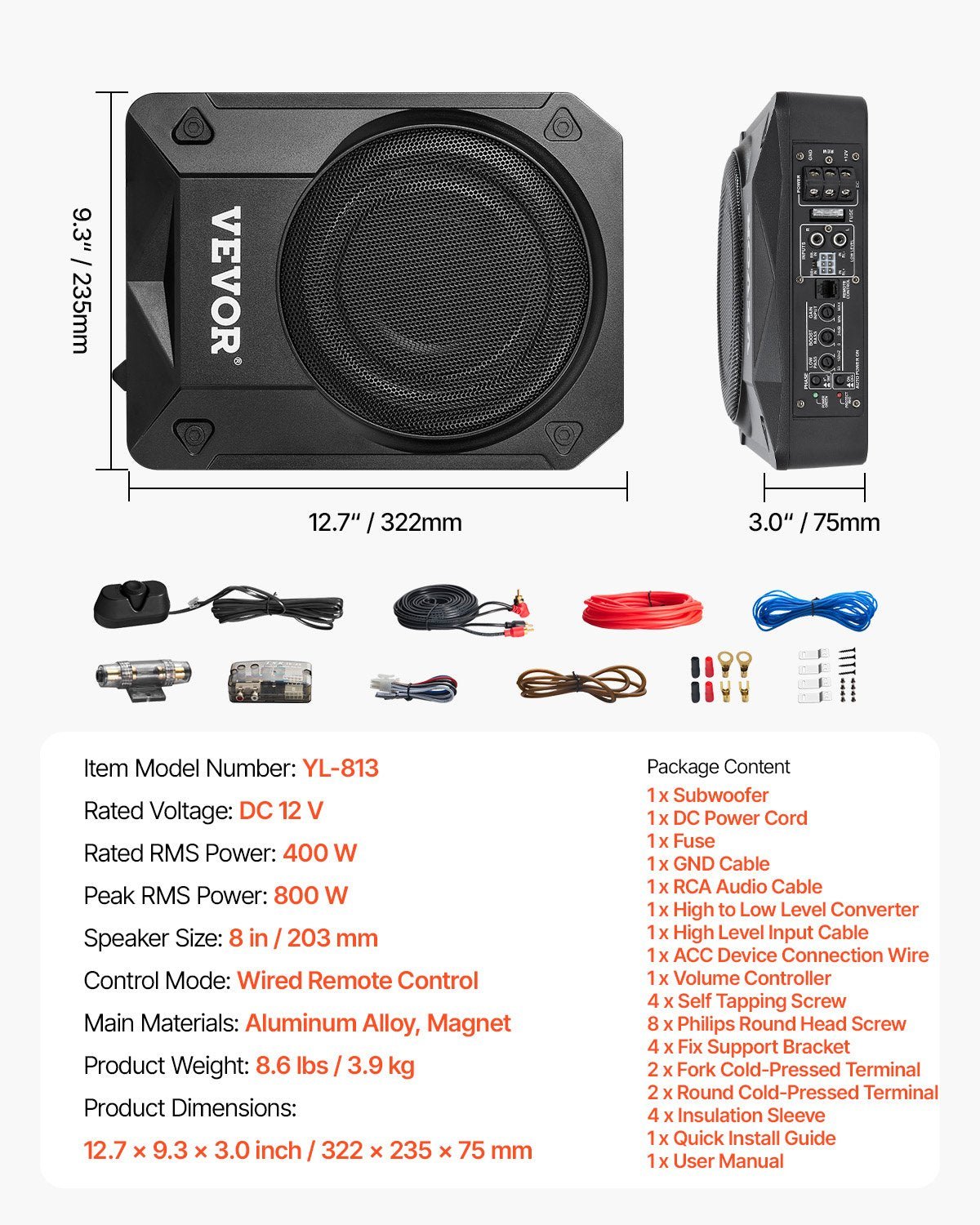 VEVOR 200 mm 800 W zem sēdekļa auto subwooferis ar iebūvētu pastiprinātāju, zema profila aktīvais zemfrekvenču skaļrunis ar augstā un zemā līmeņa ieejām un skaļuma regulatoru, piemērots SUV, automašīnām, kravas auto un kemperiem - ZEMLETES.LV