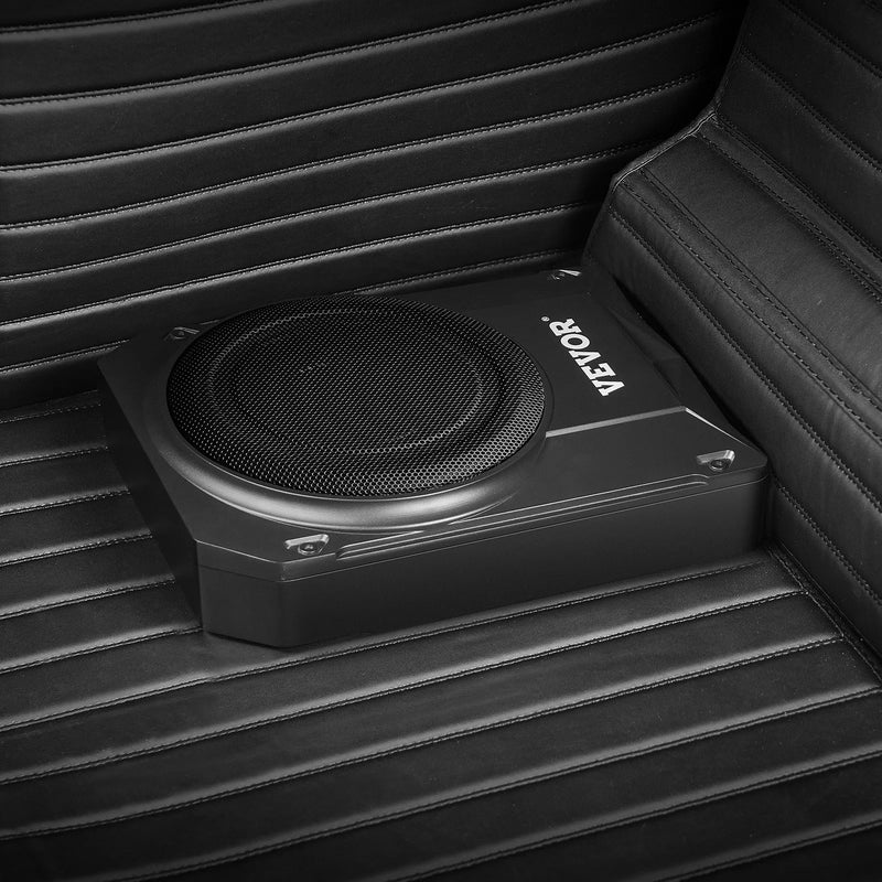 VEVOR 200 mm 800 W zem sēdekļa auto subwooferis ar iebūvētu pastiprinātāju, zema profila aktīvais zemfrekvenču skaļrunis ar augstā un zemā līmeņa ieejām un skaļuma regulatoru, piemērots SUV, automašīnām, kravas auto un kemperiem - ZEMLETES.LV