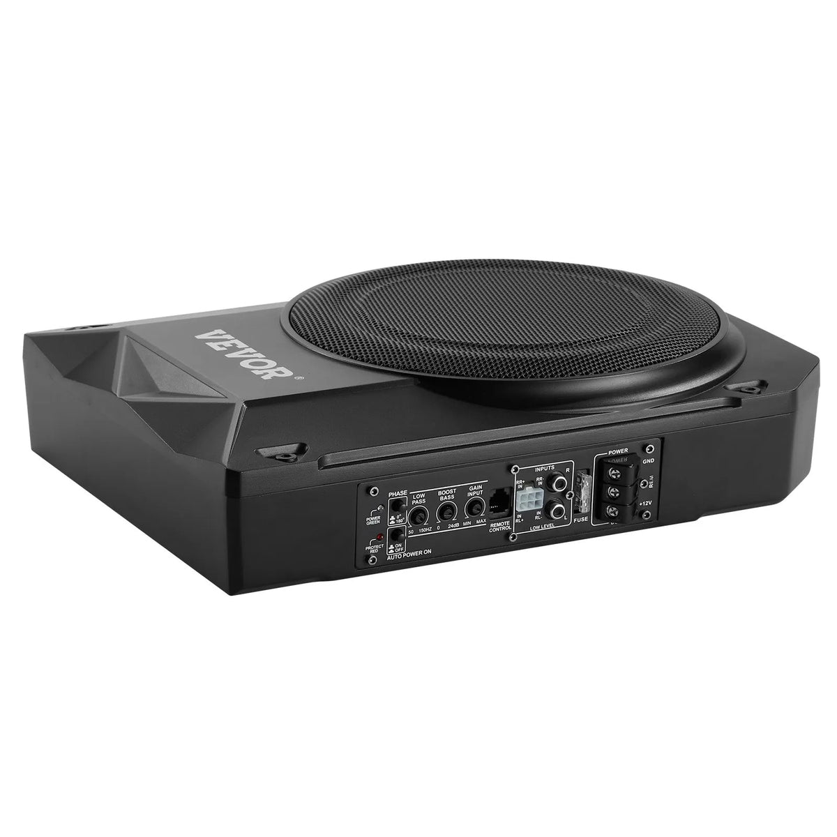 VEVOR 254 mm ar 200W nominālo un 400W maksimālo zem sēdekļa aktīvais auto subvuferis, plāns zemprofila bass skaļrunis ar iebūvētu pastiprinātāju, augsta/zema līmeņa ieeju un skaļuma regulatoru, piemērots SUV, vieglajām automašīnām, kravas auto - ZEMLETES.LV
