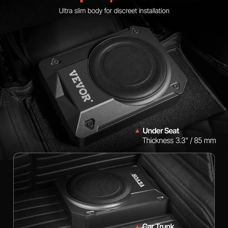 VEVOR 254 mm ar 200W nominālo un 400W maksimālo zem sēdekļa aktīvais auto subvuferis, plāns zemprofila bass skaļrunis ar iebūvētu pastiprinātāju, augsta/zema līmeņa ieeju un skaļuma regulatoru, piemērots SUV, vieglajām automašīnām, kravas auto - ZEMLETES.LV