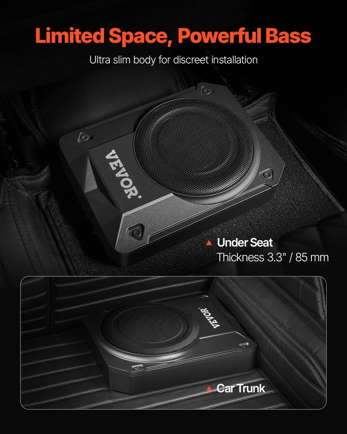 VEVOR 254 mm ar 200W nominālo un 400W maksimālo zem sēdekļa aktīvais auto subvuferis, plāns zemprofila bass skaļrunis ar iebūvētu pastiprinātāju, augsta/zema līmeņa ieeju un skaļuma regulatoru, piemērots SUV, vieglajām automašīnām, kravas auto - ZEMLETES.LV