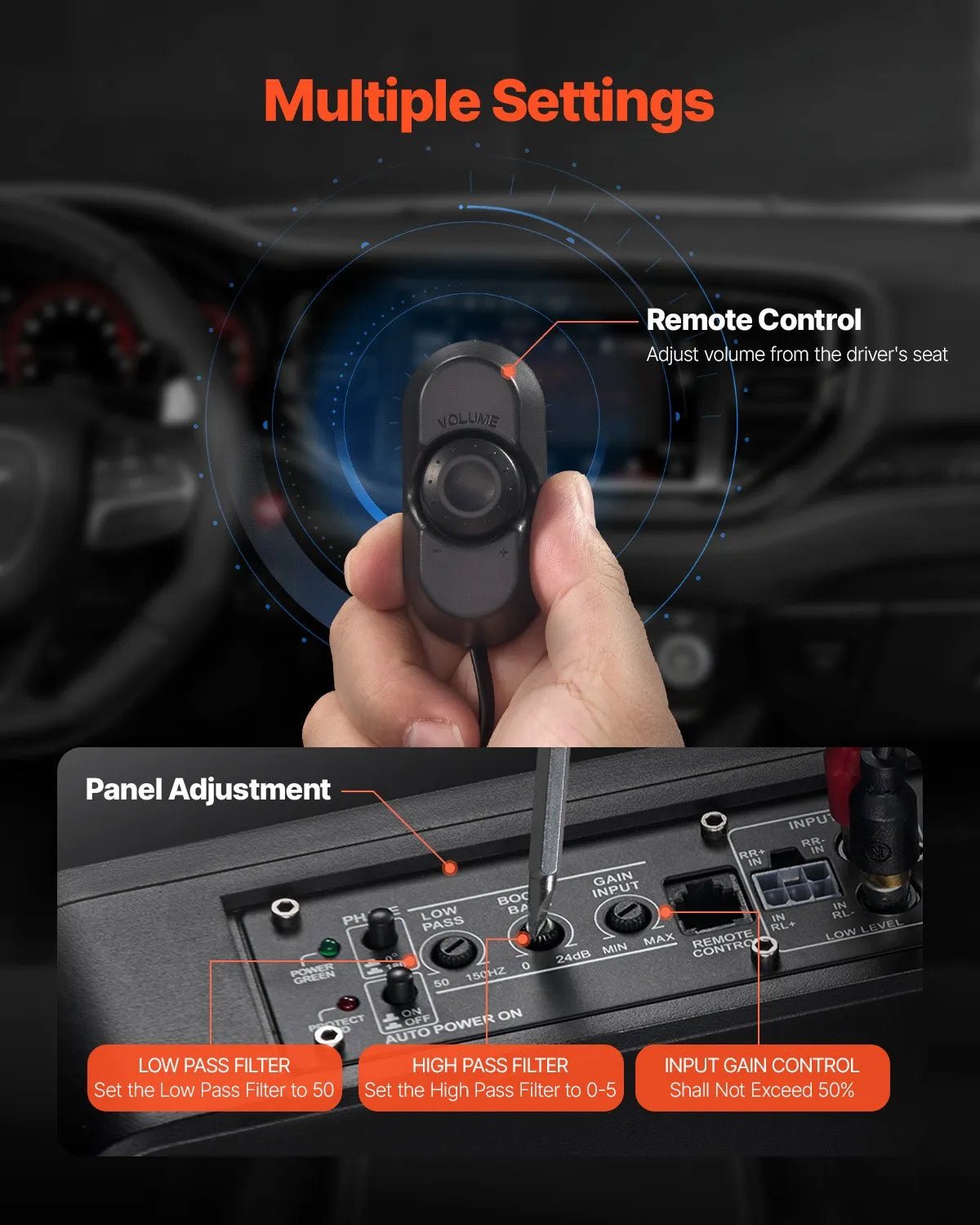 VEVOR 254 mm ar 200W nominālo un 400W maksimālo zem sēdekļa aktīvais auto subvuferis, plāns zemprofila bass skaļrunis ar iebūvētu pastiprinātāju, augsta/zema līmeņa ieeju un skaļuma regulatoru, piemērots SUV, vieglajām automašīnām, kravas auto - ZEMLETES.LV