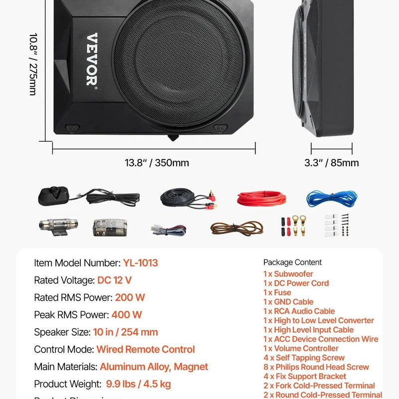 VEVOR 254 mm ar 200W nominālo un 400W maksimālo zem sēdekļa aktīvais auto subvuferis, plāns zemprofila bass skaļrunis ar iebūvētu pastiprinātāju, augsta/zema līmeņa ieeju un skaļuma regulatoru, piemērots SUV, vieglajām automašīnām, kravas auto - ZEMLETES.LV