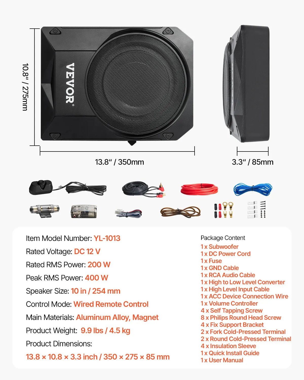 VEVOR 254 mm ar 200W nominālo un 400W maksimālo zem sēdekļa aktīvais auto subvuferis, plāns zemprofila bass skaļrunis ar iebūvētu pastiprinātāju, augsta/zema līmeņa ieeju un skaļuma regulatoru, piemērots SUV, vieglajām automašīnām, kravas auto - ZEMLETES.LV