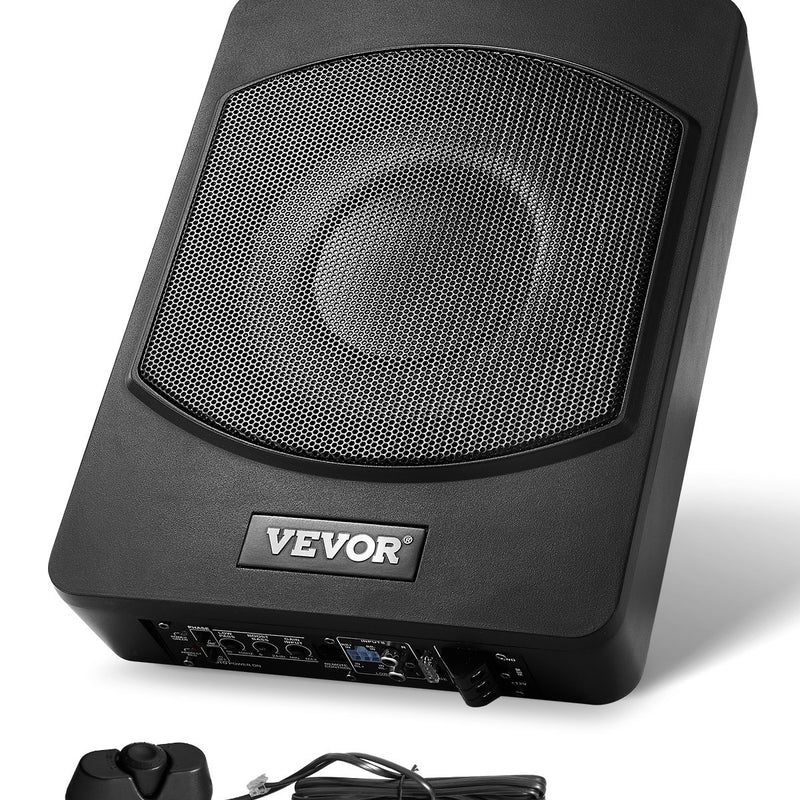 VEVOR 25 cm 240 W zem sēdekļa automašīnas subwooferis ar iebūvētu pastiprinātāju, zema profila aktīvais auto subwooferis ar High/Low Level ieejām un skaļuma regulatoru, piemērots SUV, automašīnām, kravas auto un RV - ZEMLETES.LV