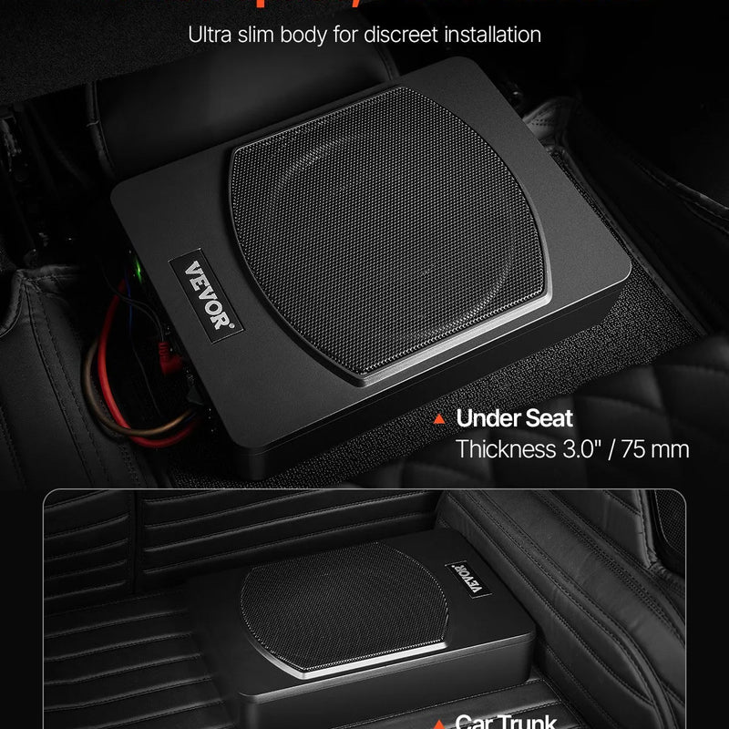 VEVOR 25 cm 240 W zem sēdekļa automašīnas subwooferis ar iebūvētu pastiprinātāju, zema profila aktīvais auto subwooferis ar High/Low Level ieejām un skaļuma regulatoru, piemērots SUV, automašīnām, kravas auto un RV - ZEMLETES.LV