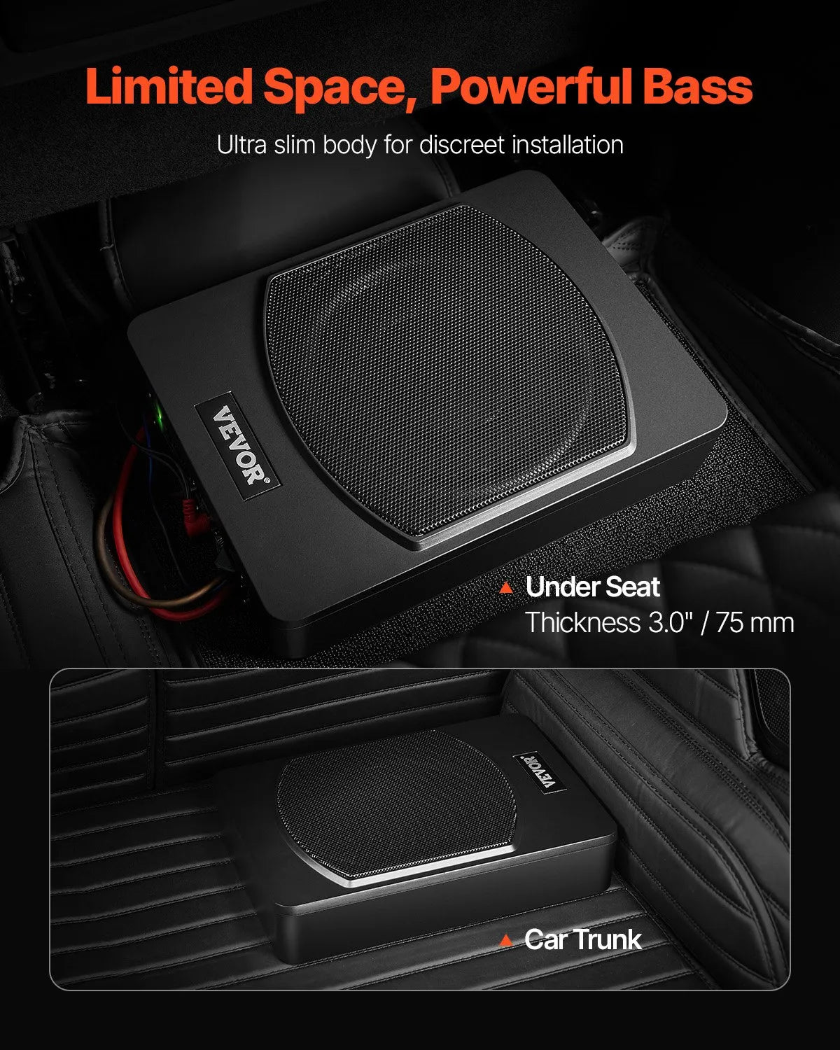 VEVOR 25 cm 240 W zem sēdekļa automašīnas subwooferis ar iebūvētu pastiprinātāju, zema profila aktīvais auto subwooferis ar High/Low Level ieejām un skaļuma regulatoru, piemērots SUV, automašīnām, kravas auto un RV - ZEMLETES.LV