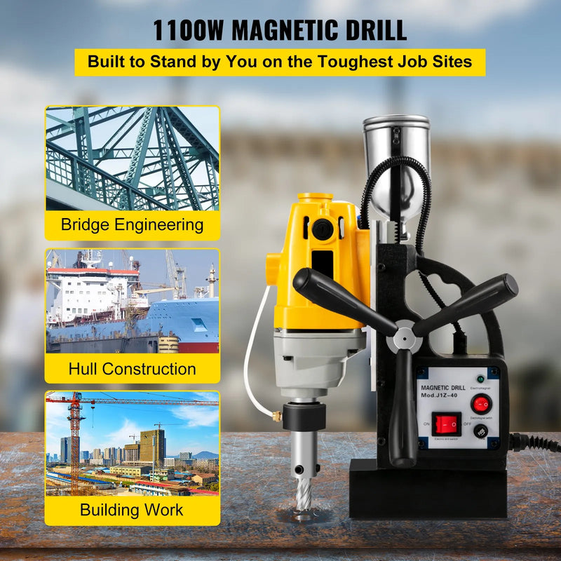 VEVOR MD40 elektriskā magnētiskā urbjmašīna, Ø38,1 mm urbšanas diametrs, 1100 W, ar 11 gab. HSS serdeņurbju komplektu, kompakta urbjmašīna ar pārslēdzamu magnētu un precīzu serdeņurbšanas sistēmu