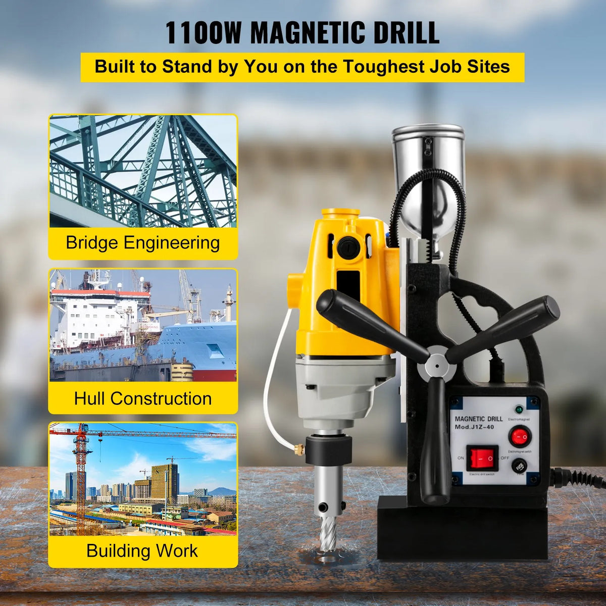 VEVOR MD40 Electric Magnetic Drill, Ø38.1 mm Drilling Diameter, 1100 W, with 11 pcs HSS Core Drill Bit Set, Compact Drill with Switchable Magnet and Precision Core Drilling System