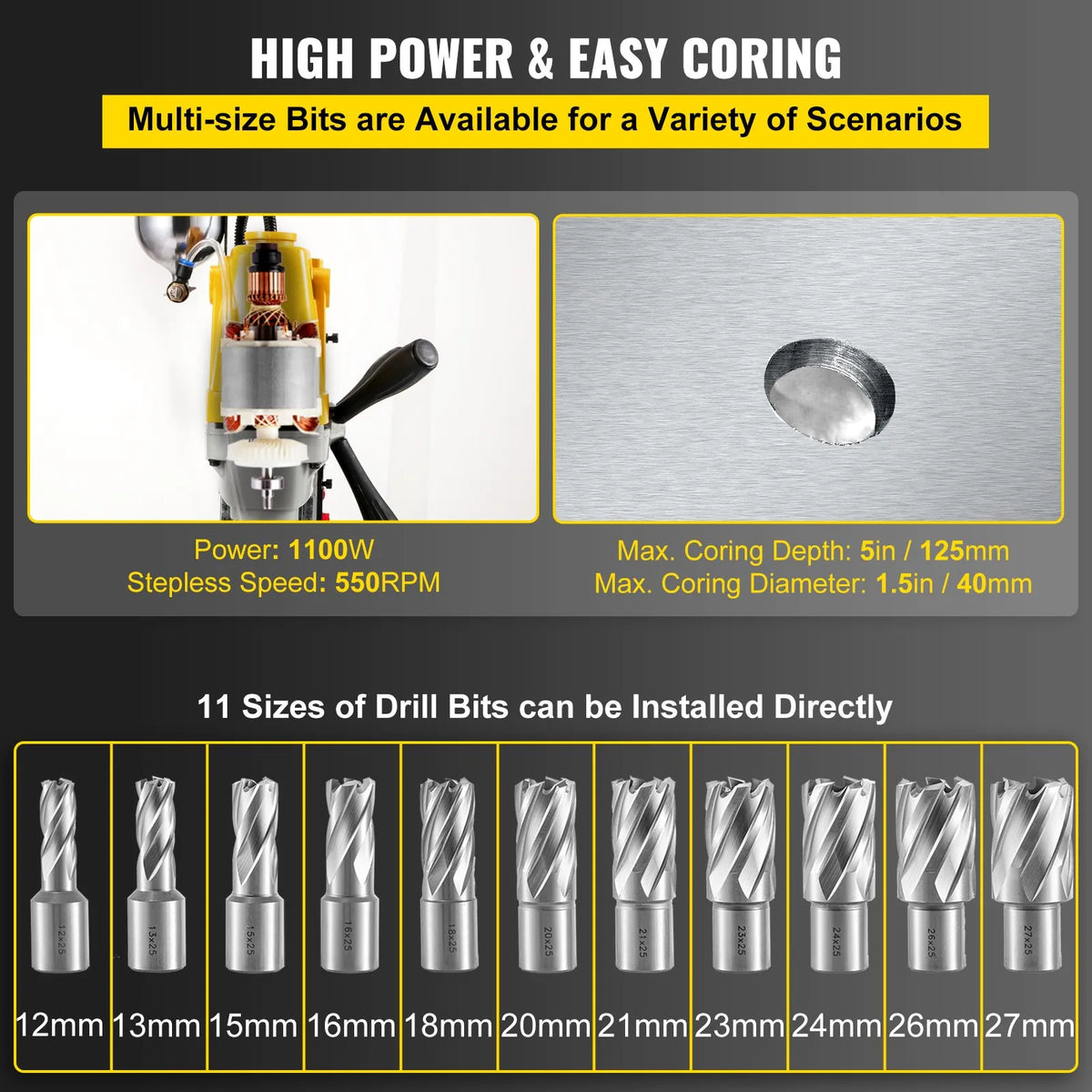 VEVOR MD40 Electric Magnetic Drill, Ø38.1 mm Drilling Diameter, 1100 W, with 11 pcs HSS Core Drill Bit Set, Compact Drill with Switchable Magnet and Precision Core Drilling System