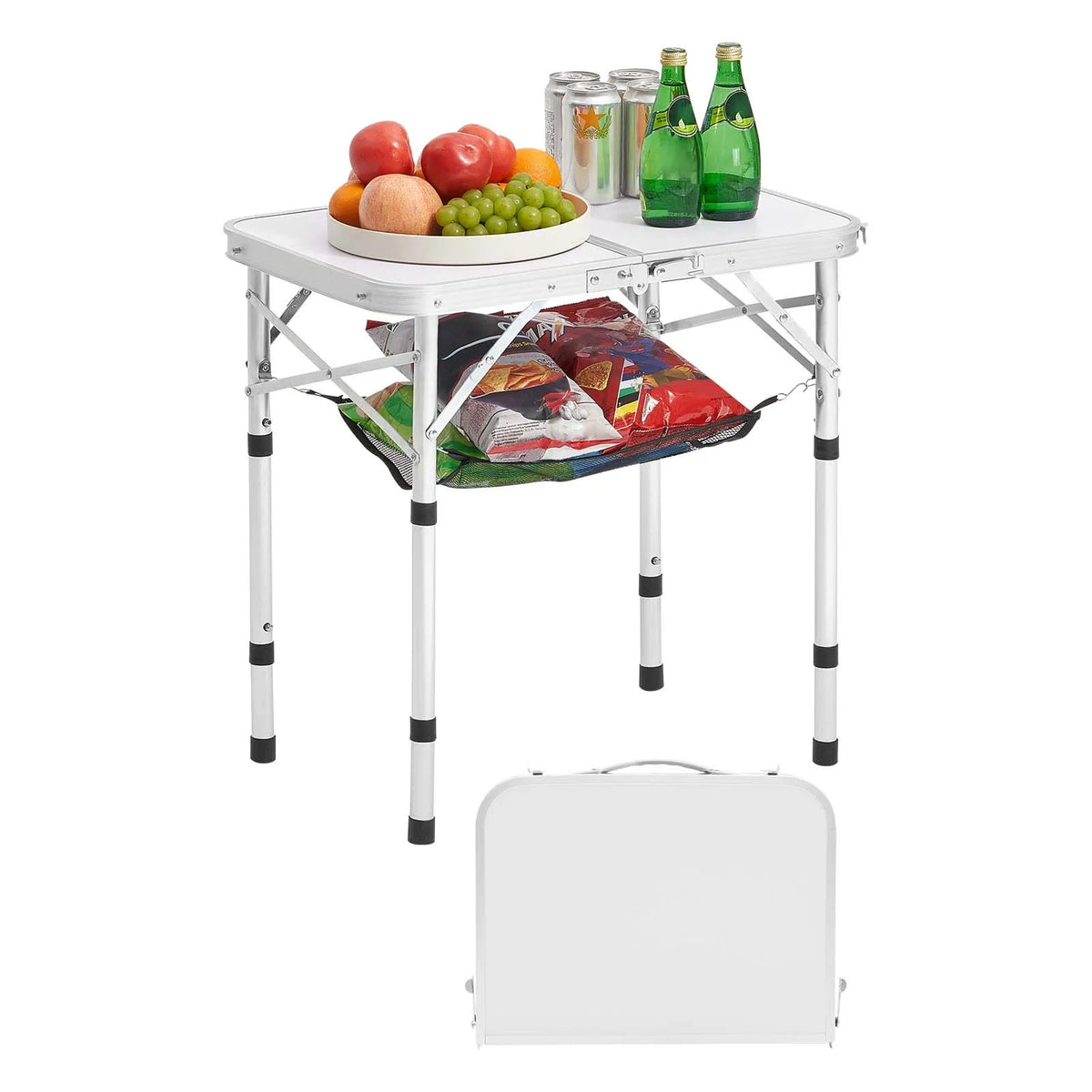 Folding Camping Table, Adjustable Height, Portable Aluminium and MDF Side Table with Mesh Shelf and Handle, Lightweight and Compact Table for Outdoor Picnic, Barbecue and Beach Relaxation, 60 × 40 cm, Silver