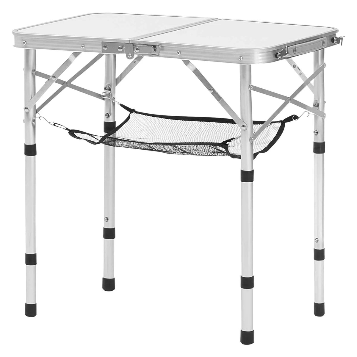 Folding Camping Table, Adjustable Height, Portable Aluminium and MDF Side Table with Mesh Shelf and Handle, Lightweight and Compact Table for Outdoor Picnic, Barbecue and Beach Relaxation, 60 × 40 cm, Silver