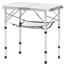 Saliekams kempinga galds, regulējama augstuma, pārnēsājams alumīnija un MDF sānu galds ar sieta plauktu un rokturi, viegls un kompakts galds āra piknikam, grilēšanai un atpūtai pie jūras, 60 × 40 cm, sudraba krāsa