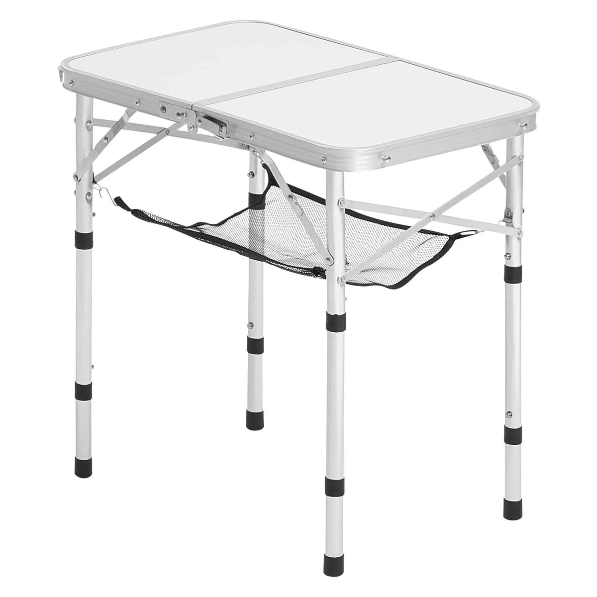 Folding Camping Table, Adjustable Height, Portable Aluminium and MDF Side Table with Mesh Shelf and Handle, Lightweight and Compact Table for Outdoor Picnic, Barbecue and Beach Relaxation, 60 × 40 cm, Silver