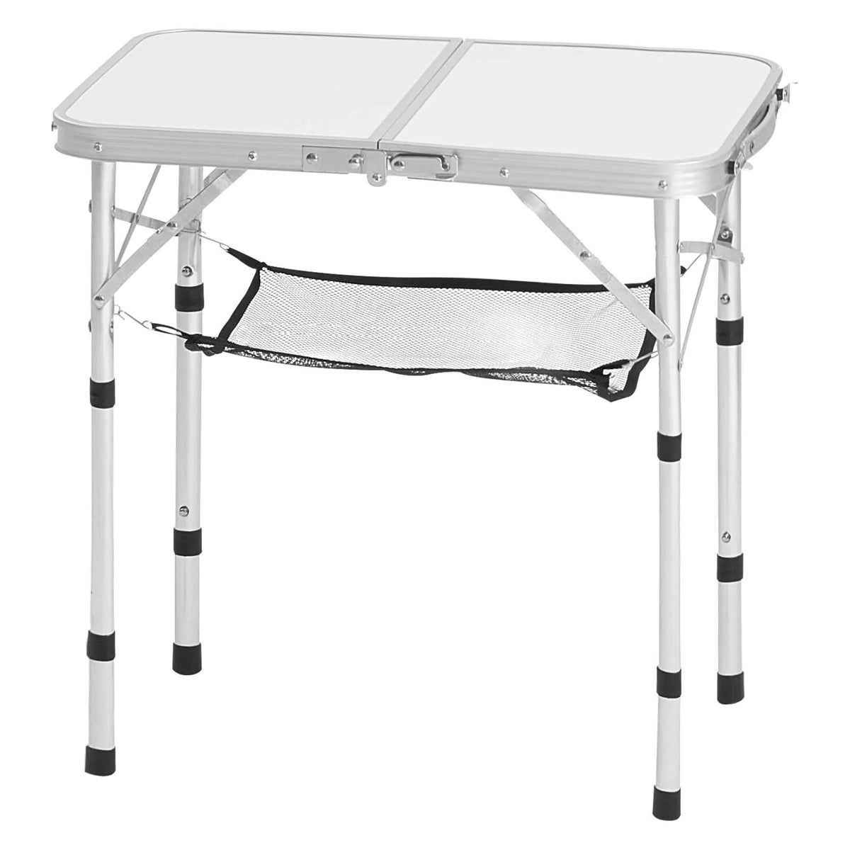 Folding Camping Table, Adjustable Height, Portable Aluminium and MDF Side Table with Mesh Shelf and Handle, Lightweight and Compact Table for Outdoor Picnic, Barbecue and Beach Relaxation, 60 × 40 cm, Silver