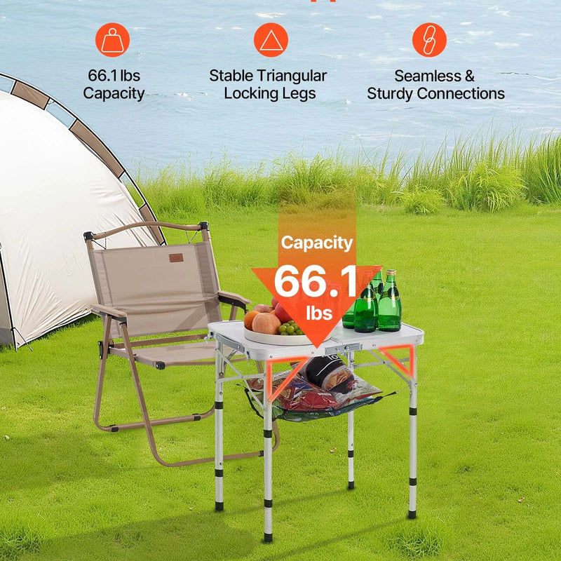 Saliekams kempinga galds, regulējama augstuma, pārnēsājams alumīnija un MDF sānu galds ar sieta plauktu un rokturi, viegls un kompakts galds āra piknikam, grilēšanai un atpūtai pie jūras, 60 × 40 cm, sudraba krāsa