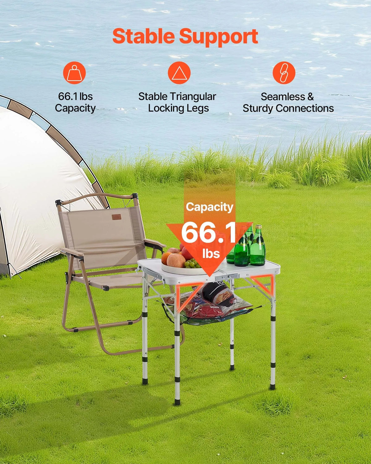 Folding Camping Table, Adjustable Height, Portable Aluminium and MDF Side Table with Mesh Shelf and Handle, Lightweight and Compact Table for Outdoor Picnic, Barbecue and Beach Relaxation, 60 × 40 cm, Silver