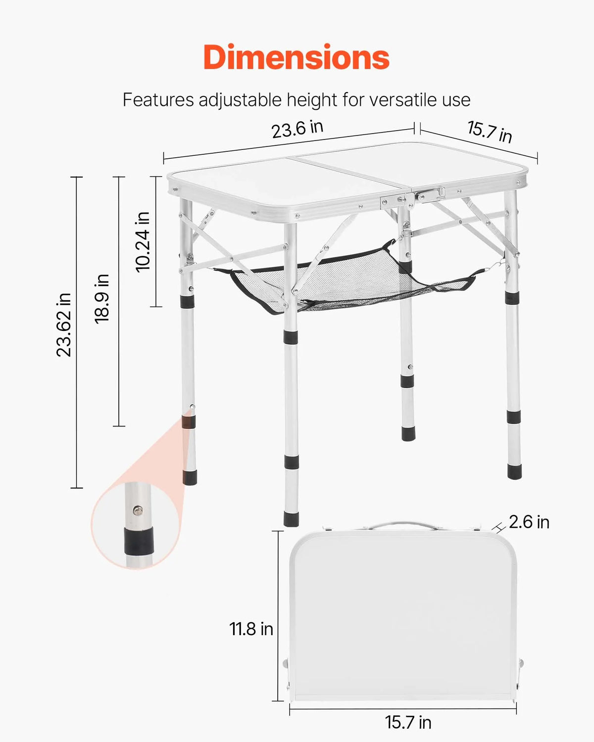 Folding Camping Table, Adjustable Height, Portable Aluminium and MDF Side Table with Mesh Shelf and Handle, Lightweight and Compact Table for Outdoor Picnic, Barbecue and Beach Relaxation, 60 × 40 cm, Silver