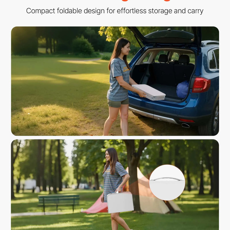 Saliekams kempinga galds, regulējama augstuma, pārnēsājams alumīnija un MDF sānu galds ar sieta plauktu un rokturi, viegls un kompakts galds āra piknikam, grilēšanai un atpūtai pie jūras, 60 × 40 cm, sudraba krāsa